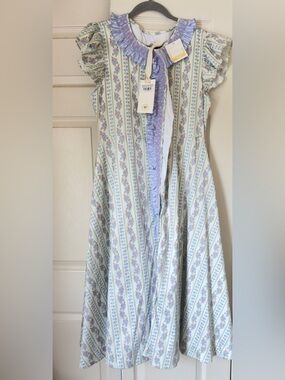 Dondolo Stunning Floral Stripe Ruffled Dress - Lavender‎ Trim